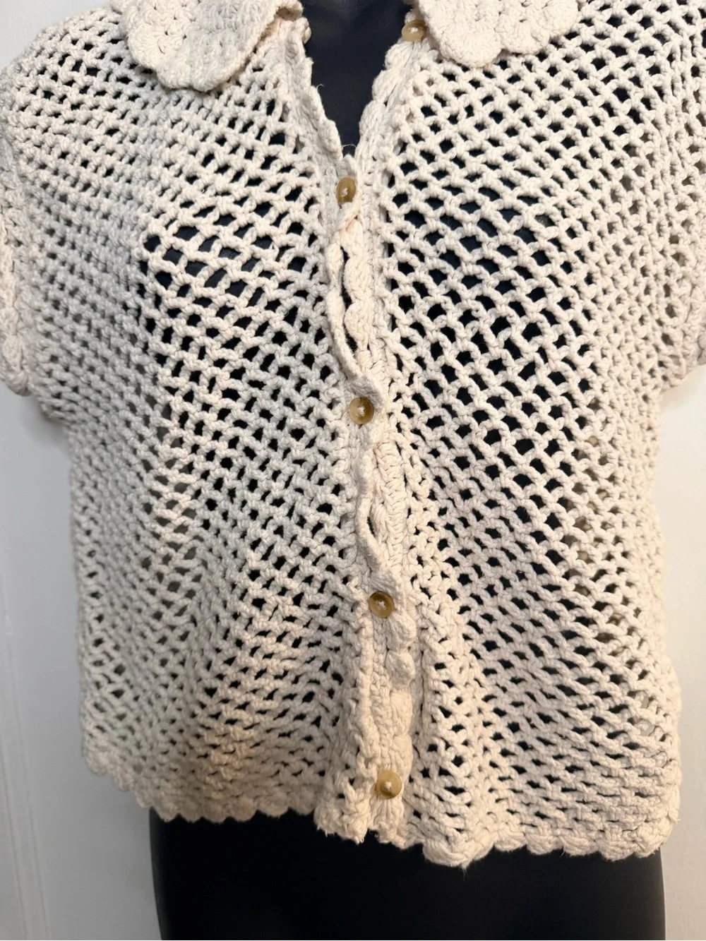 Free People Cream Crochet Button-Front Short Sleeve Top